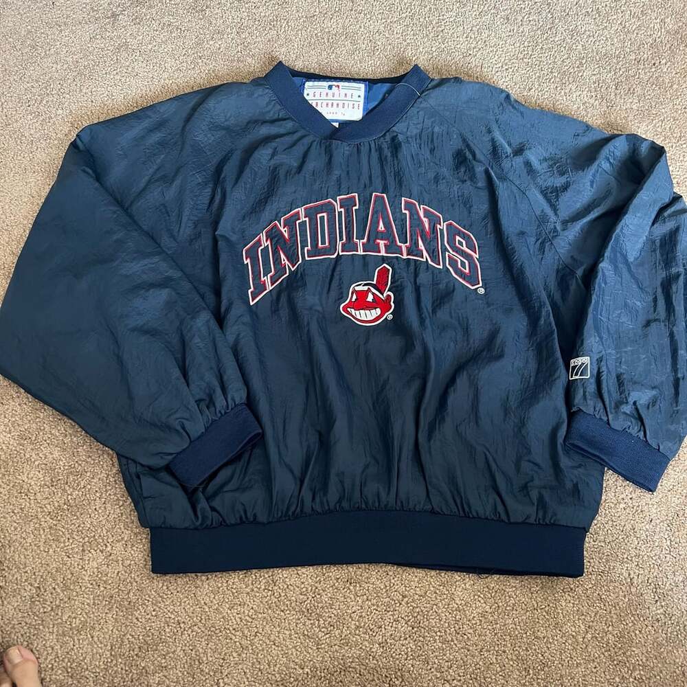 Vintage Logo 7 Cleveland Indians Windbreaker Size Large Blue Nylon Pullover